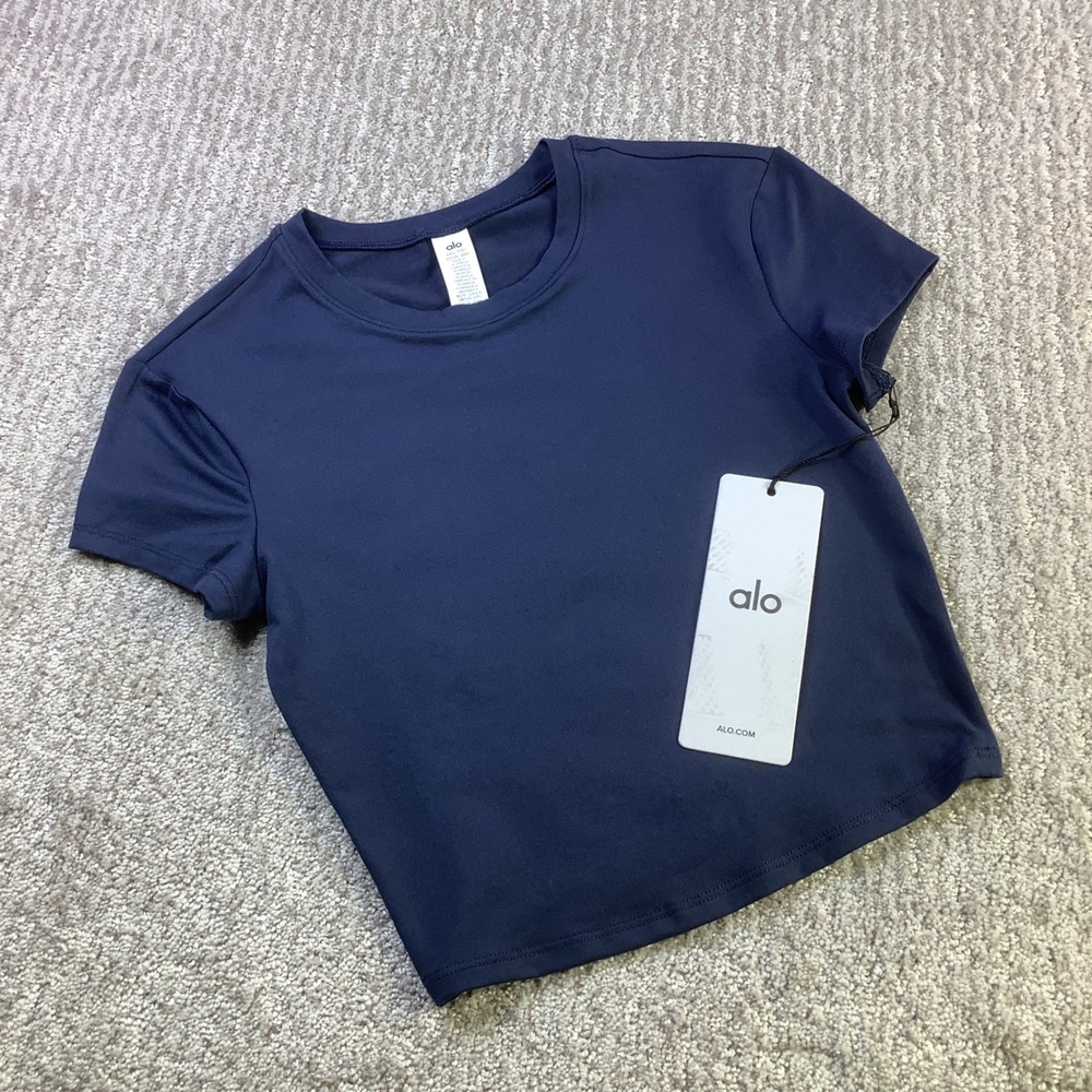 Alo Yoga Alosoft Crop Finesse Short Sleeve Navy Blue T Shirt XXS NWT